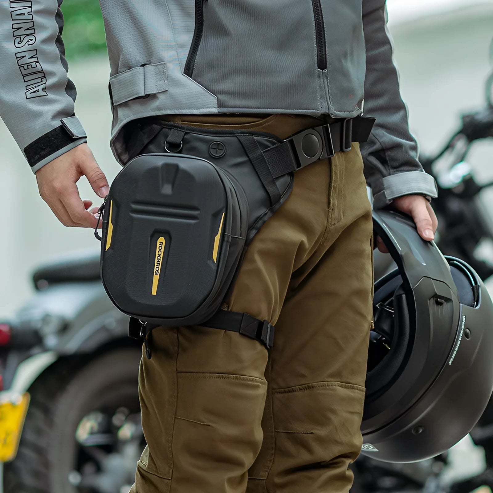 Black polyester and TPU waterproof motorcycle leg bag for men, minimalist fashion style