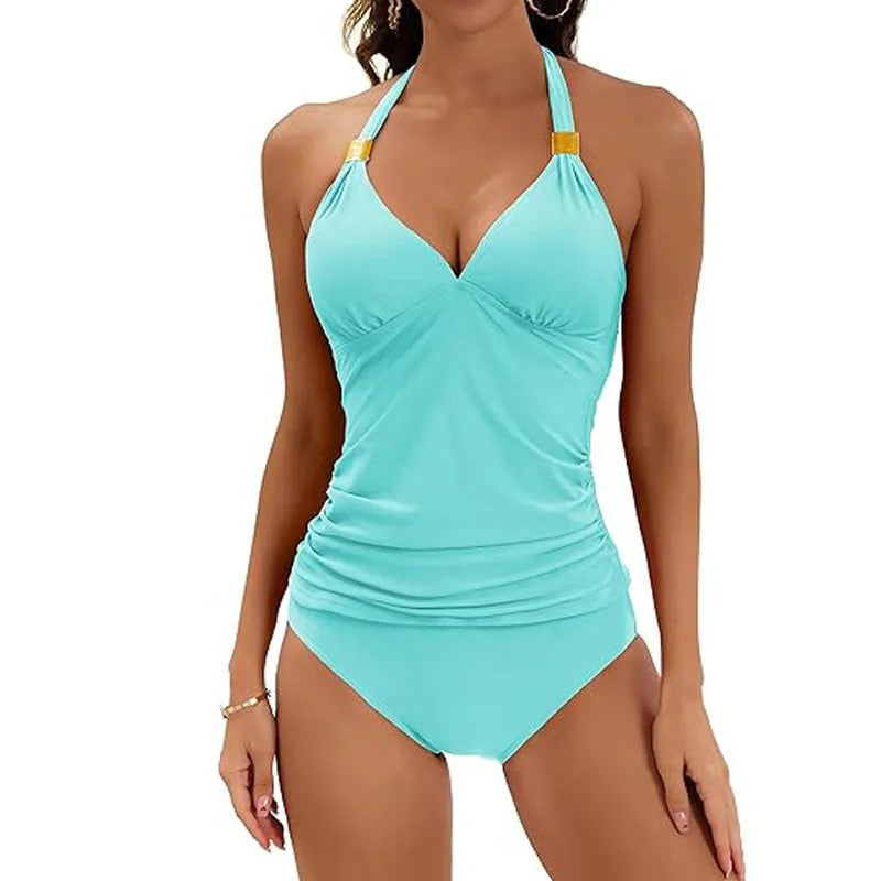 Women's red halter neck two-piece swimsuit with split-tie briefs on a neutral background.