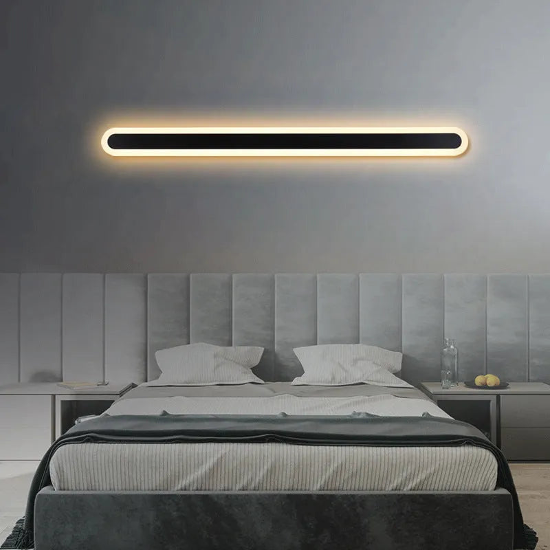 LED line wall lamp with wrought iron frame and acrylic diffuser in black warm light finish