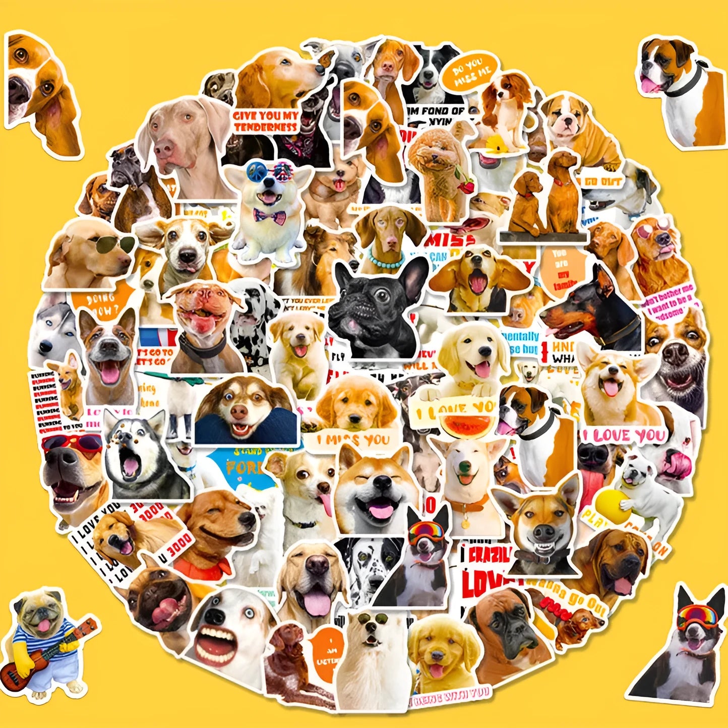 Pack of 100 realistic dog facial expression stickers in Nordic design style