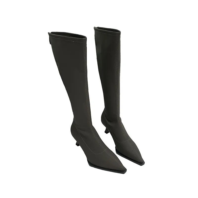 Women's black pointed toe below knee boots with back zipper and stiletto heel