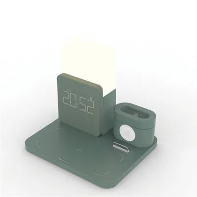 Dark green wireless charging stand holding mobile phone upright with cooling fan visible