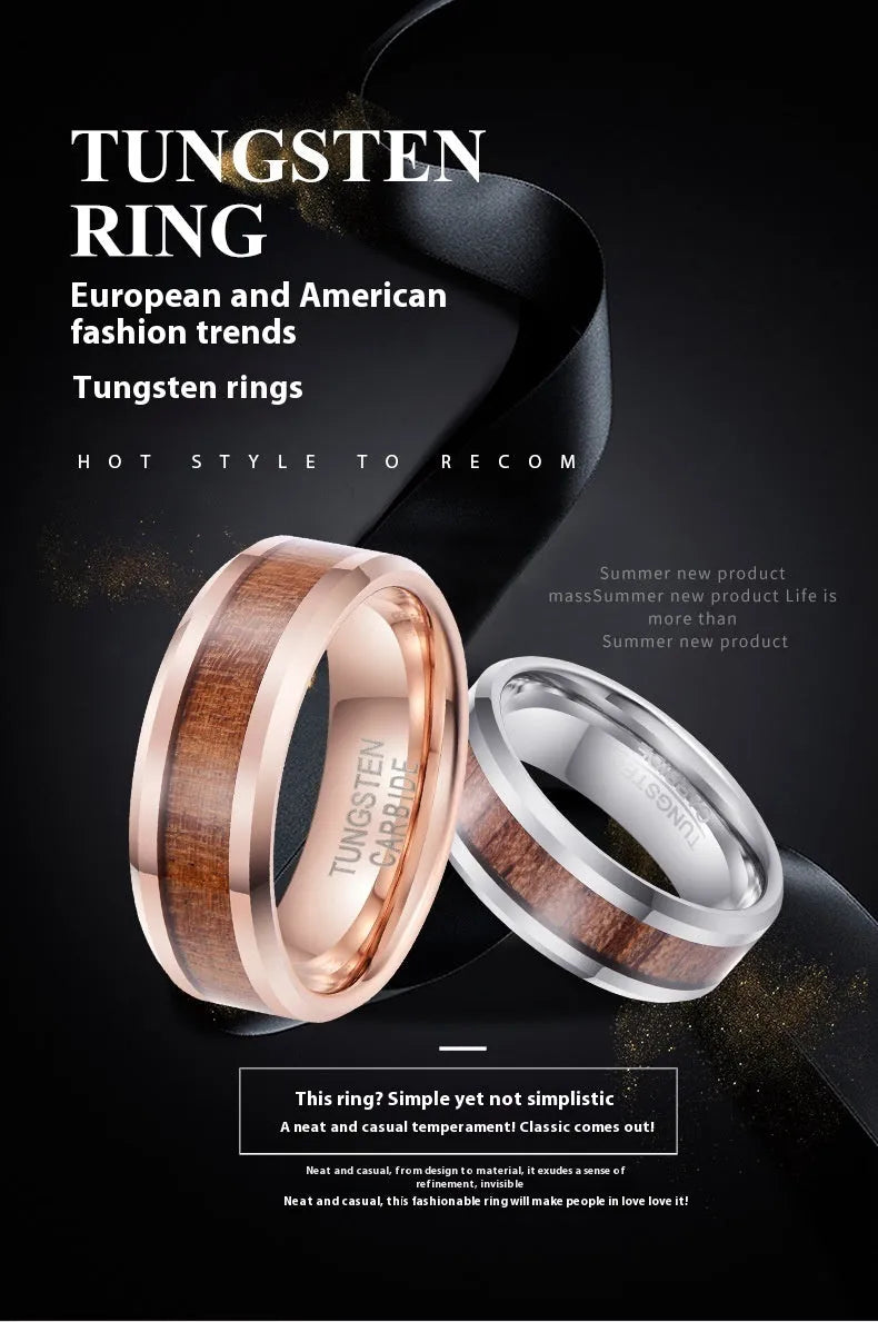 8mm wide tungsten ring with Ugyen inlay and wood leather accents in rose gold finish