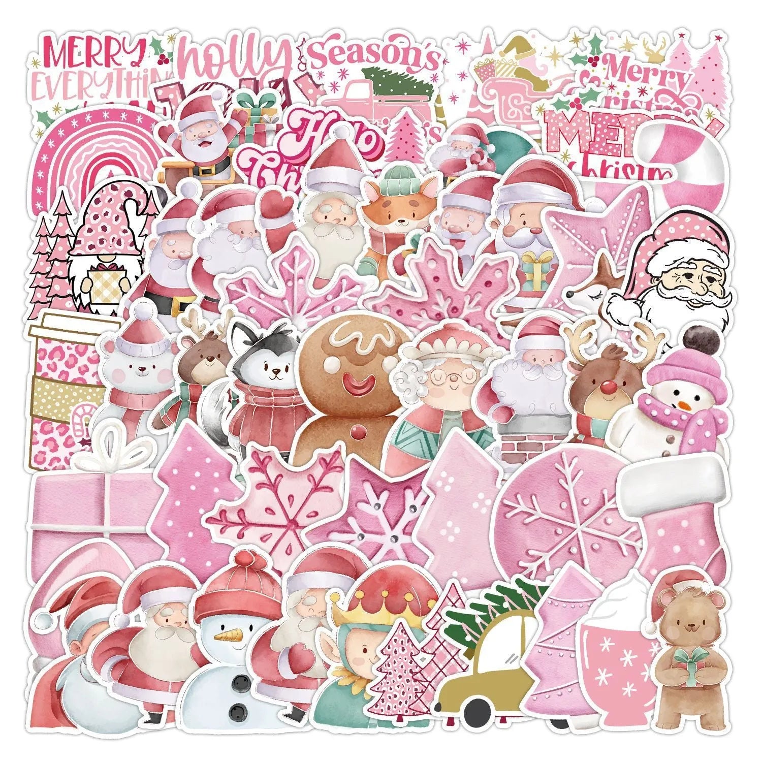 Assortment of 50 cute Christmas-themed waterproof stickers in various designs, each between 4cm and 8cm in size.