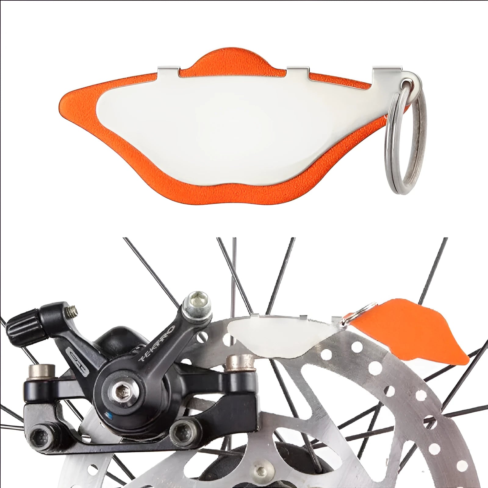 Mountain bike disc brake pads with adjustment flap in black and orange options