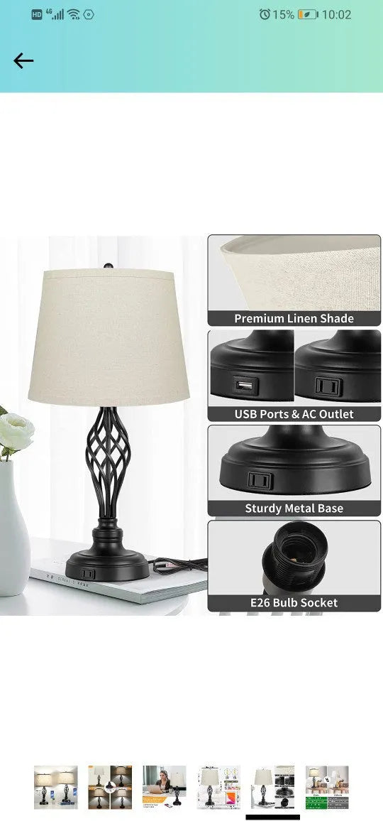 Silver alloy bedside table lamp with touch dimming control and USB charging port