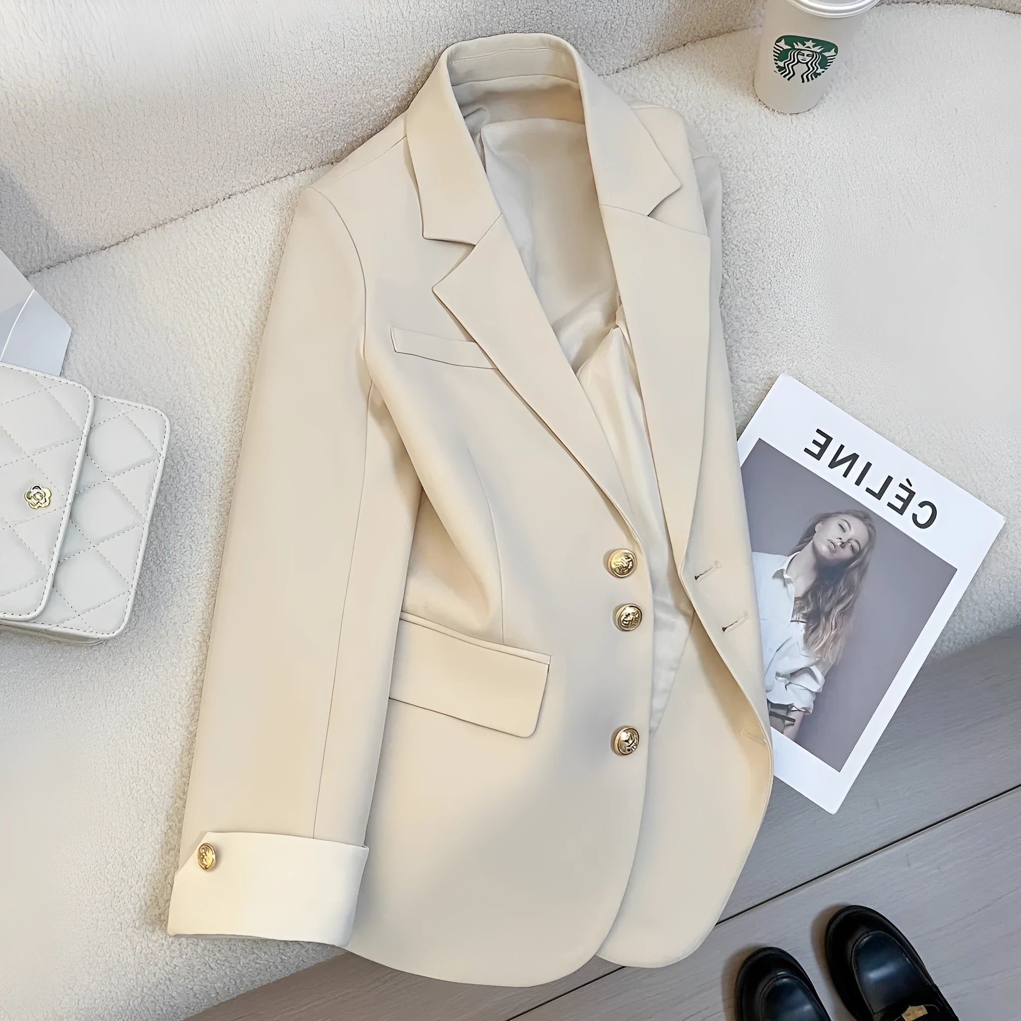 Korean-style women's coat in milky white or black with loose fit and pocket detailing
