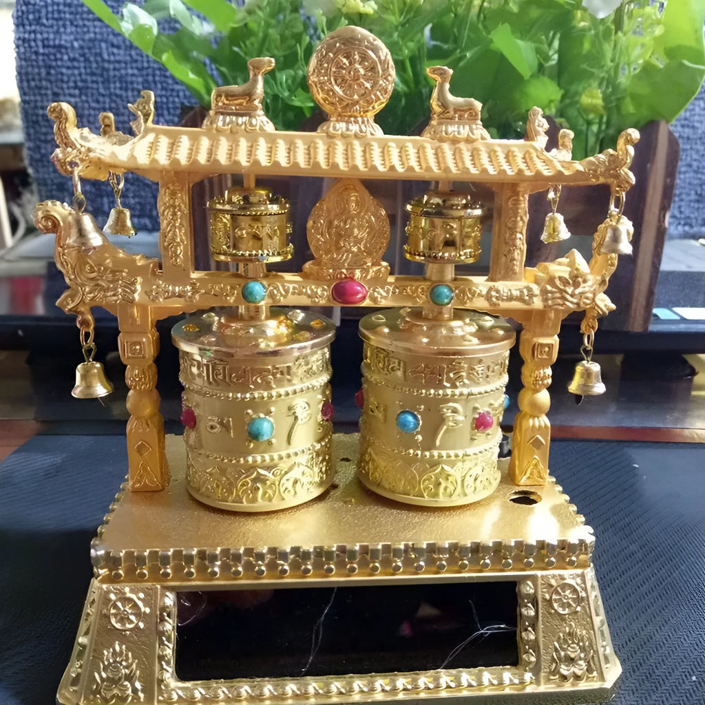 Alloy prayer wheel car accessory with Chinese tradition styling measuring 12x15x8cm