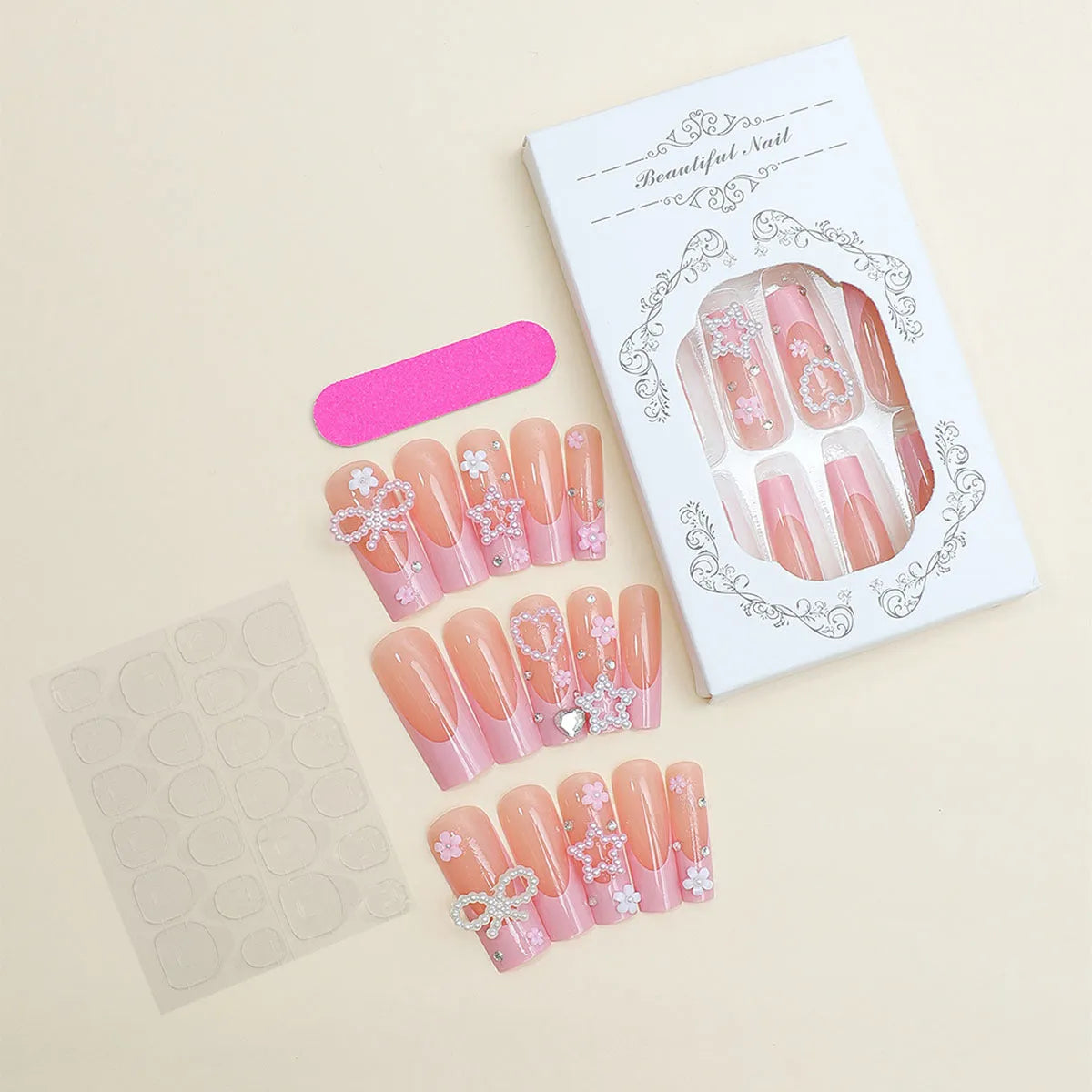 Super long French spot drill bow nail decorations in love pattern design, colour XB-70-48