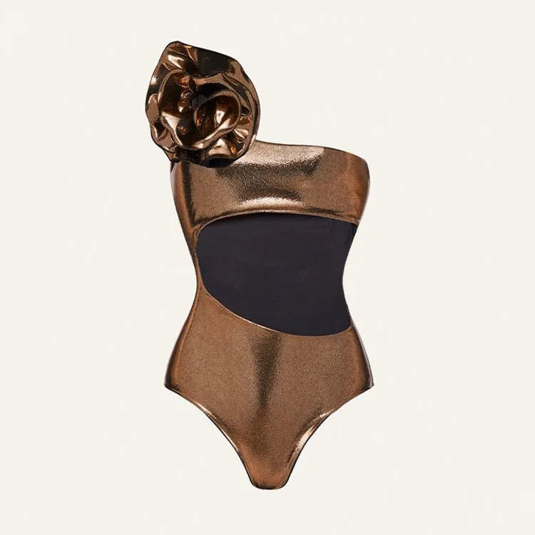 Gold handmade hollow-out halter one-piece swimsuit for swimming and wading sports
