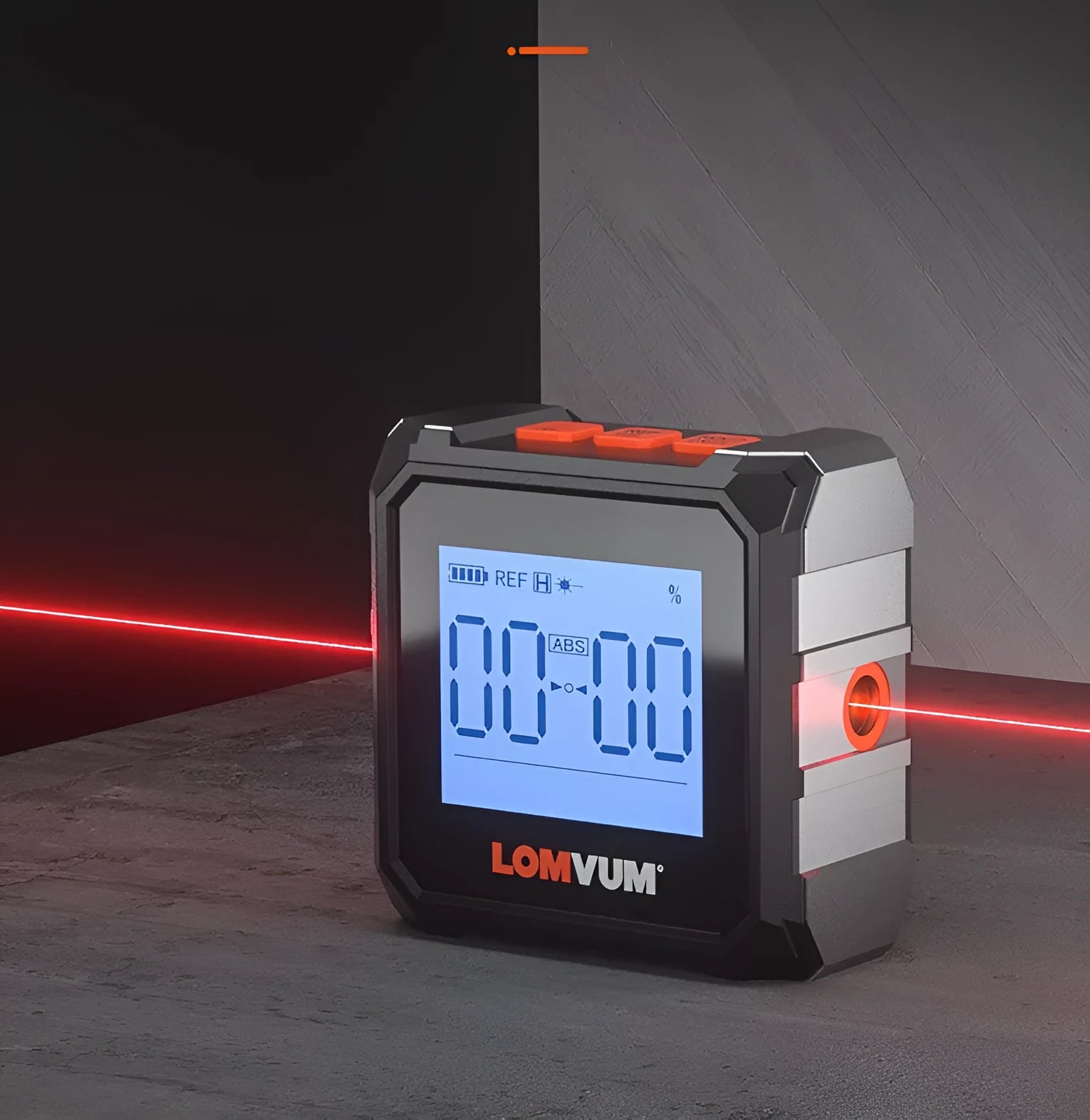 Digital laser infrared inclinometer with alloy casing and backlit display on a metal surface.
