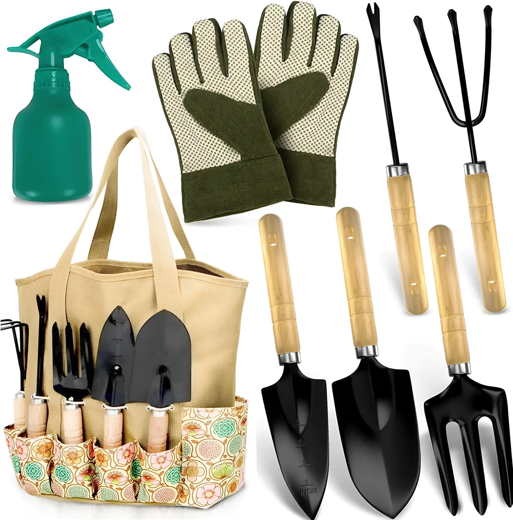 Stainless steel garden tool set with eight pieces including trowel, fork, and weeder on a garden soil background.