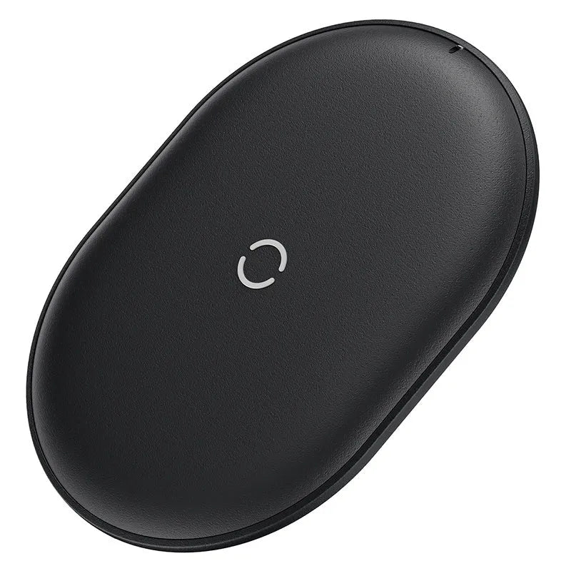 Black wireless charging pad with textured surface and indicator light for mobile phones