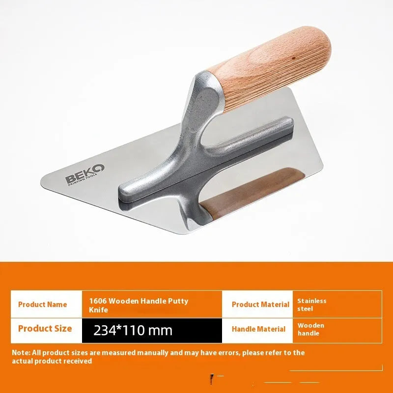 Stainless steel putty scraper with a wooden handle, showing three different blade size options.
