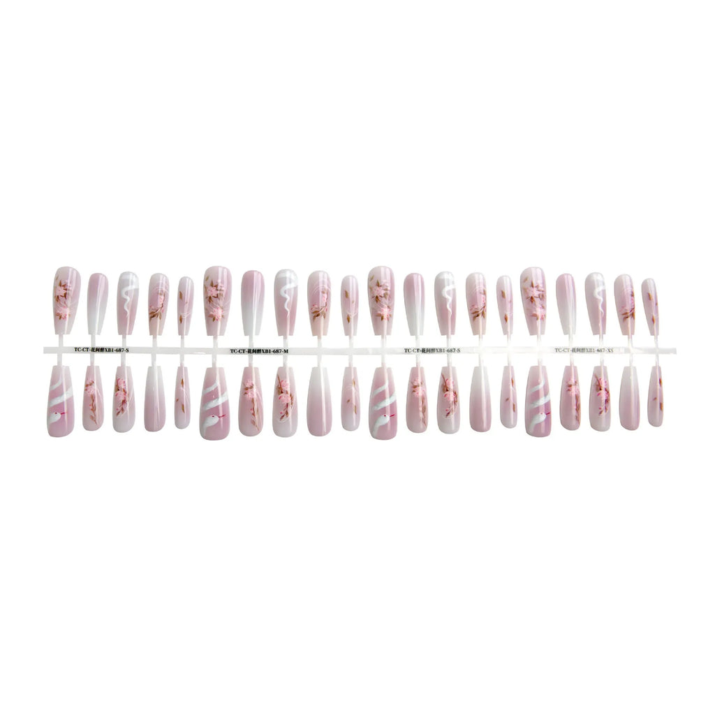 Ancient Chinese style snake year red prefabricated nail tips in drunk flower colour, long ladder shape, on a display stand