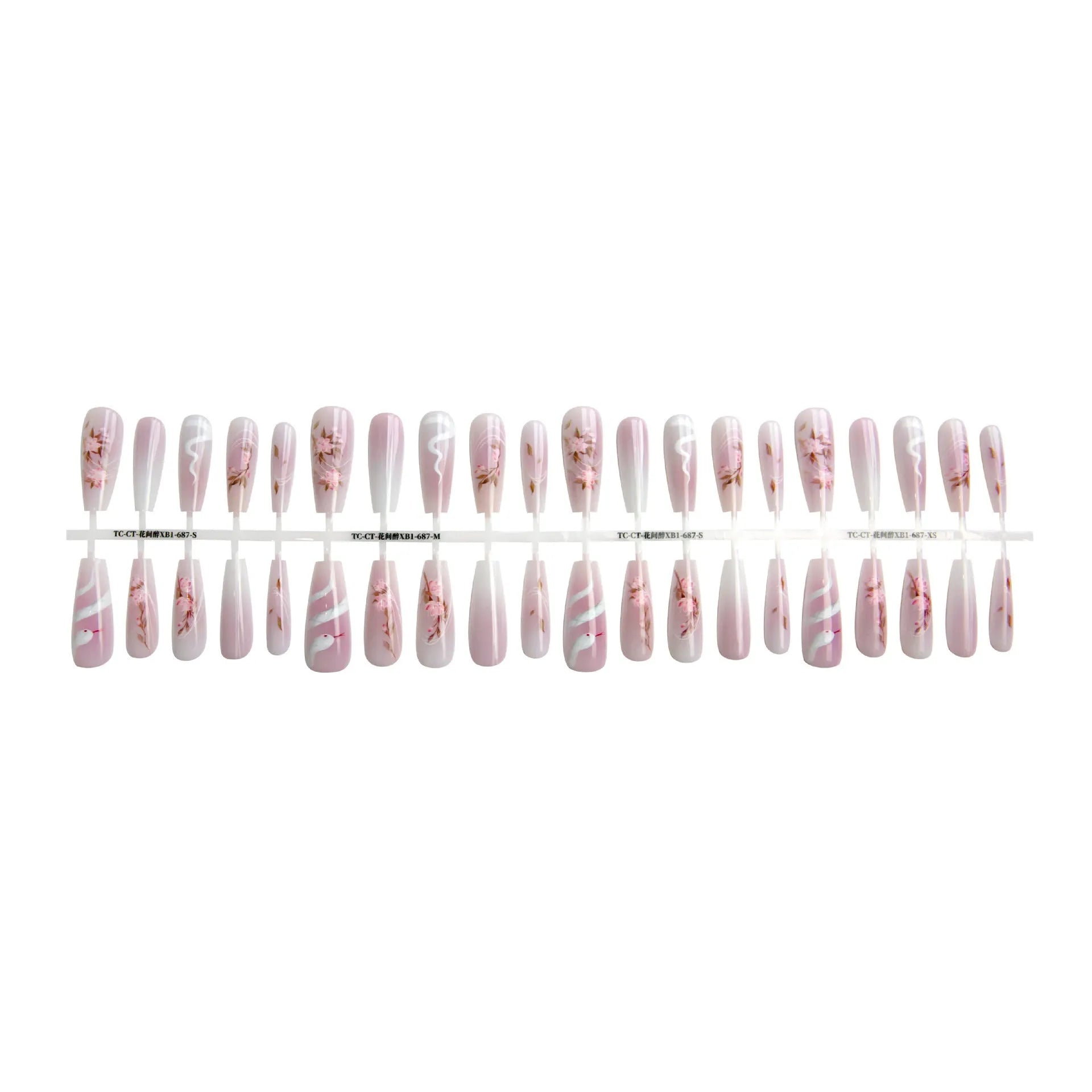 Ancient Chinese style snake year red prefabricated nail tips in drunk flower colour, long ladder shape, on a display stand