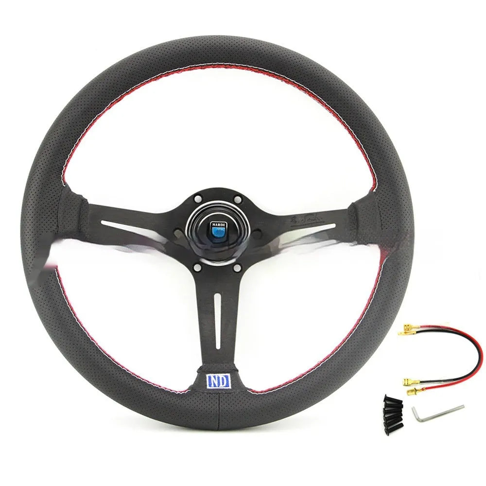 Leather 14-inch car steering wheel with a middle concave design, showing black and silver skeleton frame options.
