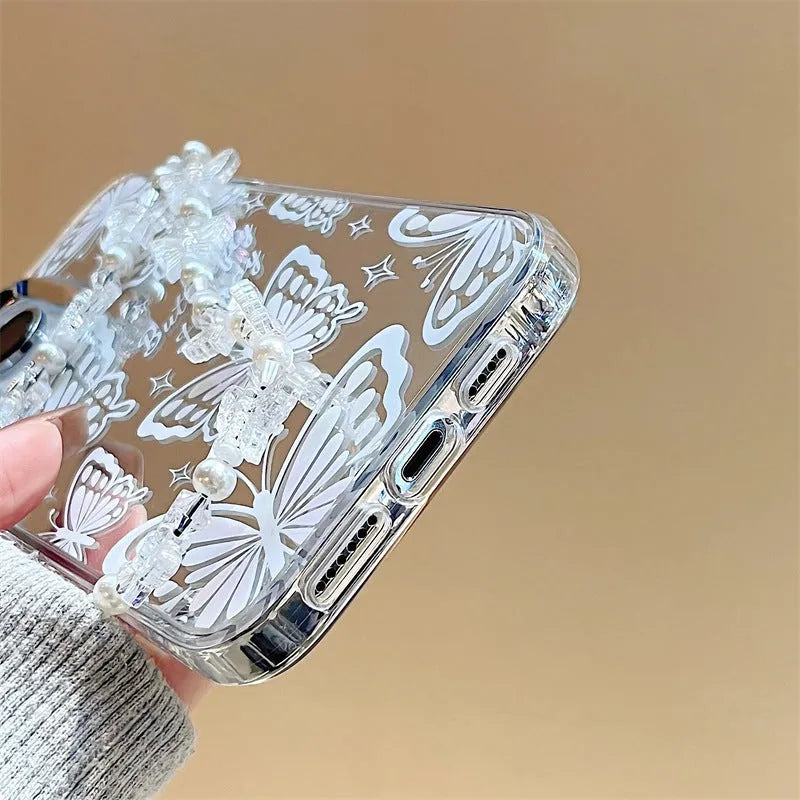 Three-in-one transparent TPU phone case with mirror, bow, and bracelet for iPhone 15 Pro Max