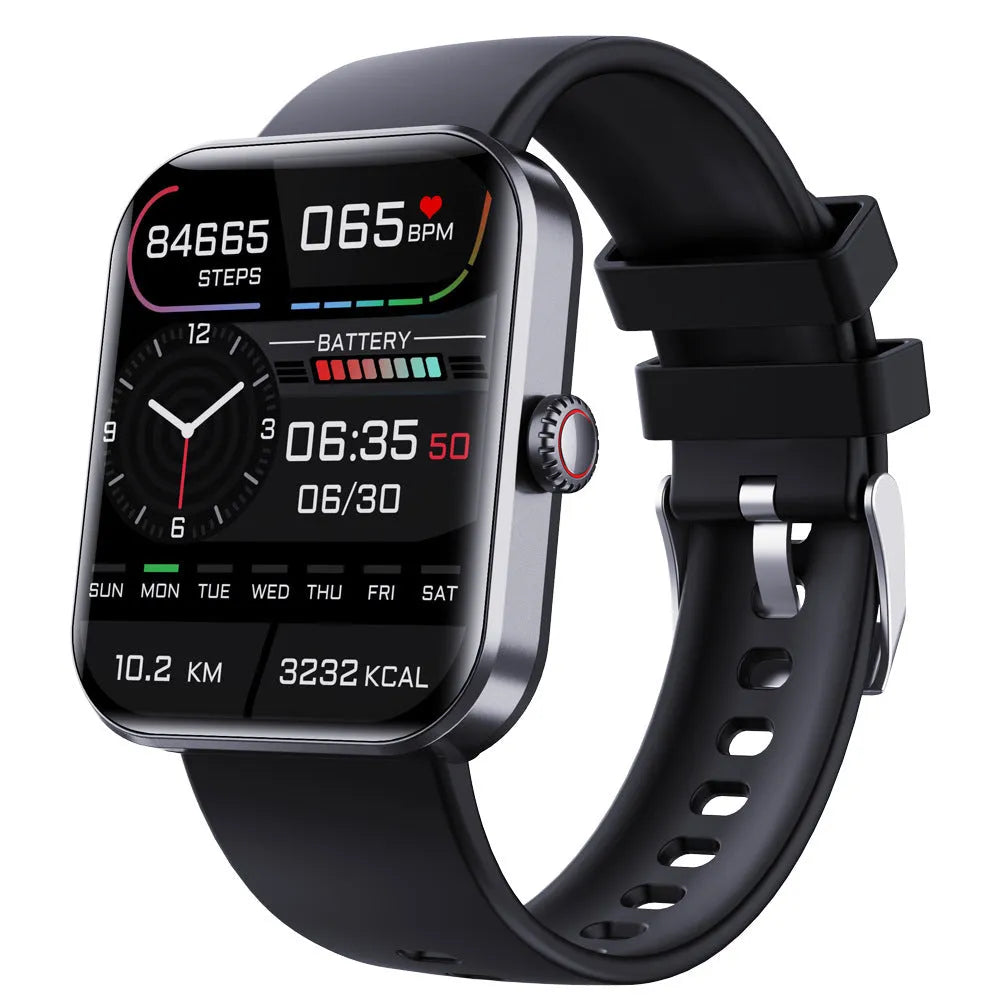 F57L sports watch with heart rate and blood pressure display on IPS touch screen, black silicone strap