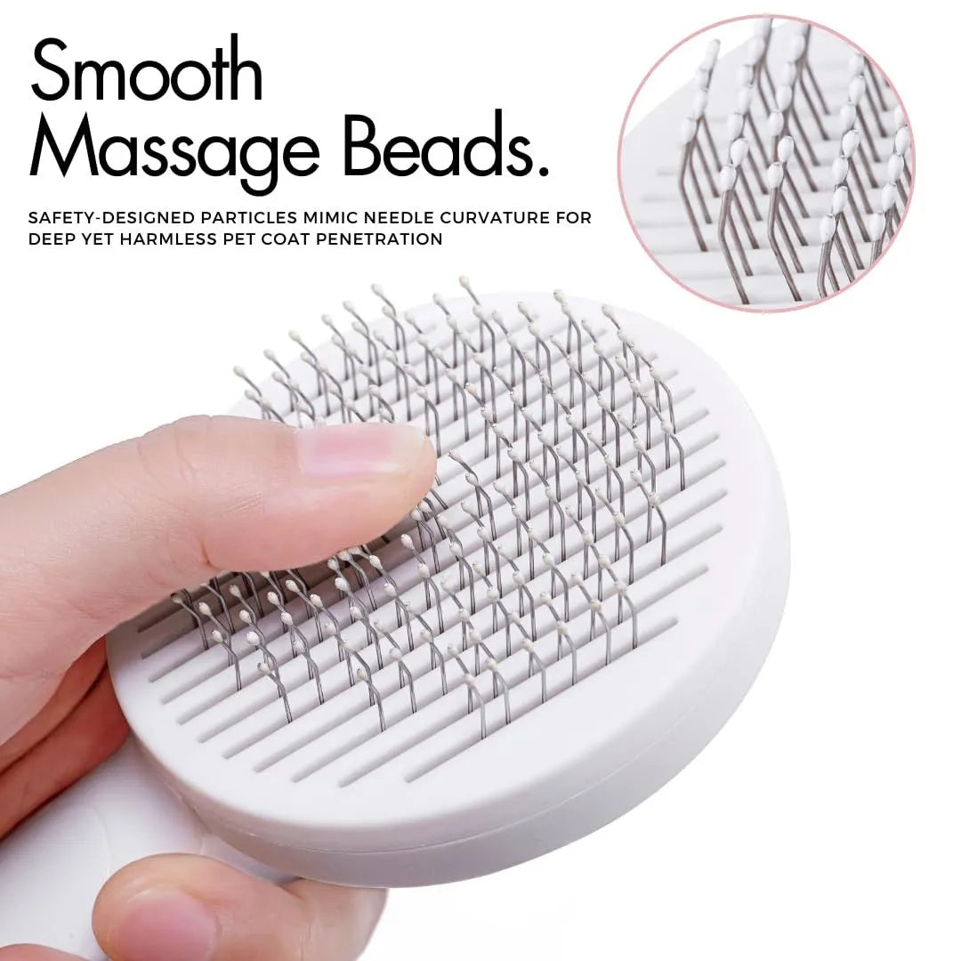 Blue self-cleaning slicker brush for dogs and cats on a white background, showing ergonomic rubber handle.