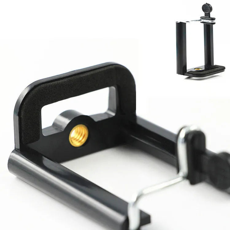 Black plastic U-clip mobile phone mounting bracket for tripods and light stands.