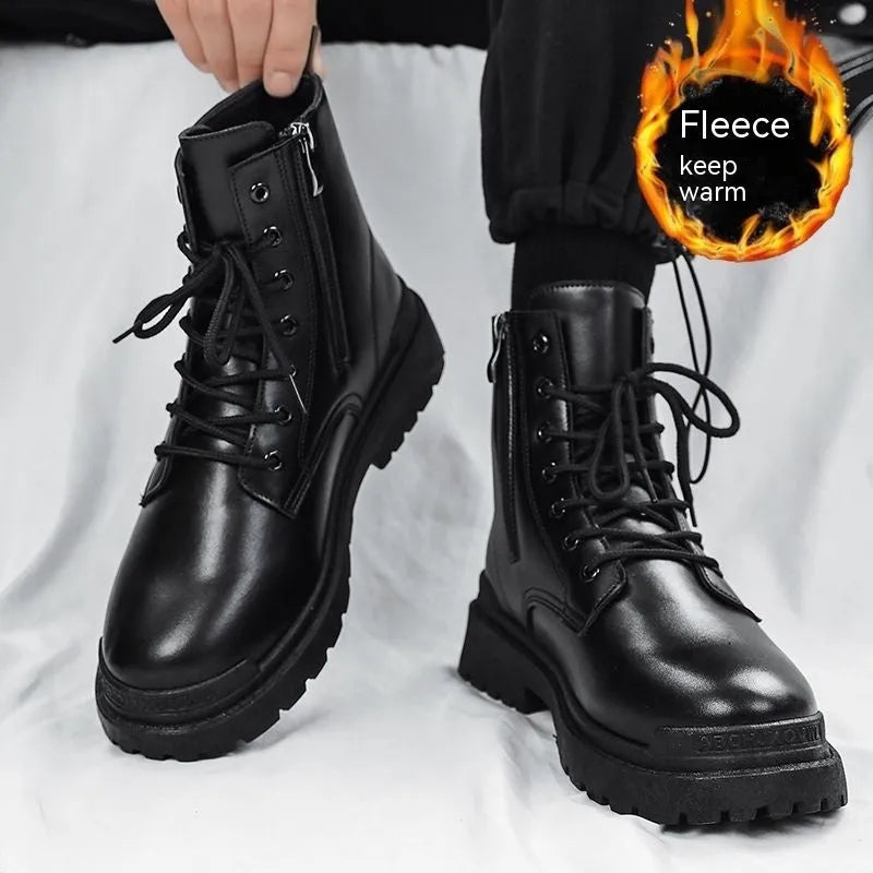 Men's black mid-top British style leather boots with a flat rubber sole.