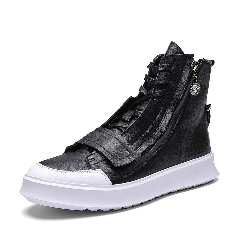 Black and white PU leather men's ankle boots with microfiber upper and high-top sneaker design for winter wear