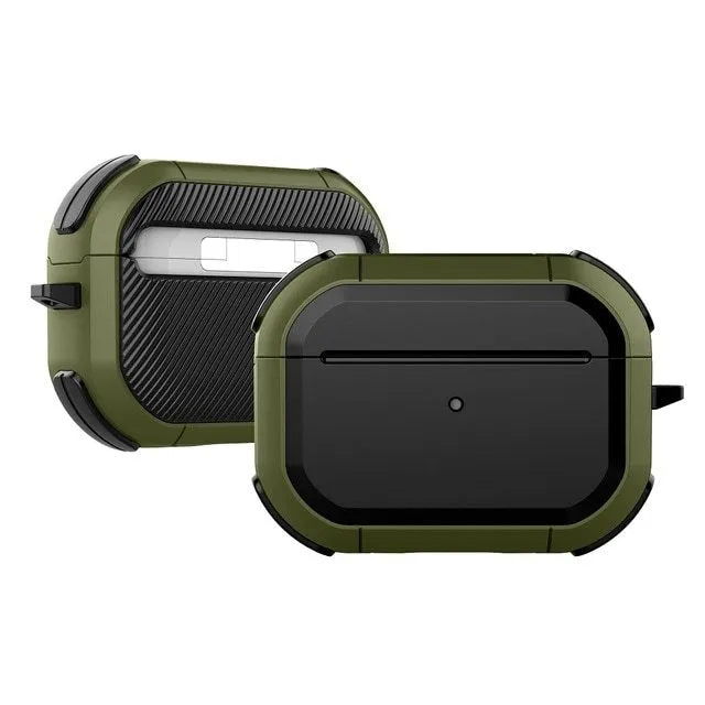 Black TPU and PC protective shell on an AirPods Pro charging case.