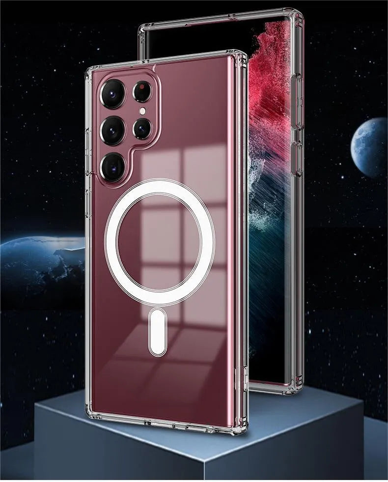 Transparent magnetic phone case for Samsung Galaxy S21 S22 S23 models with MagSafe charging compatibility