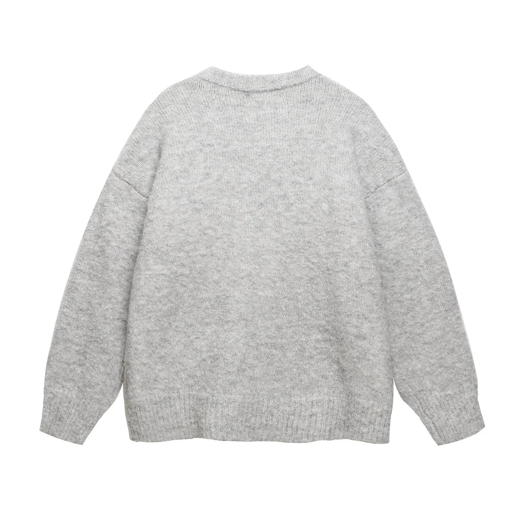 American retro Christmas hat puppy embroidery casual round neck sweater in Gray for teenagers