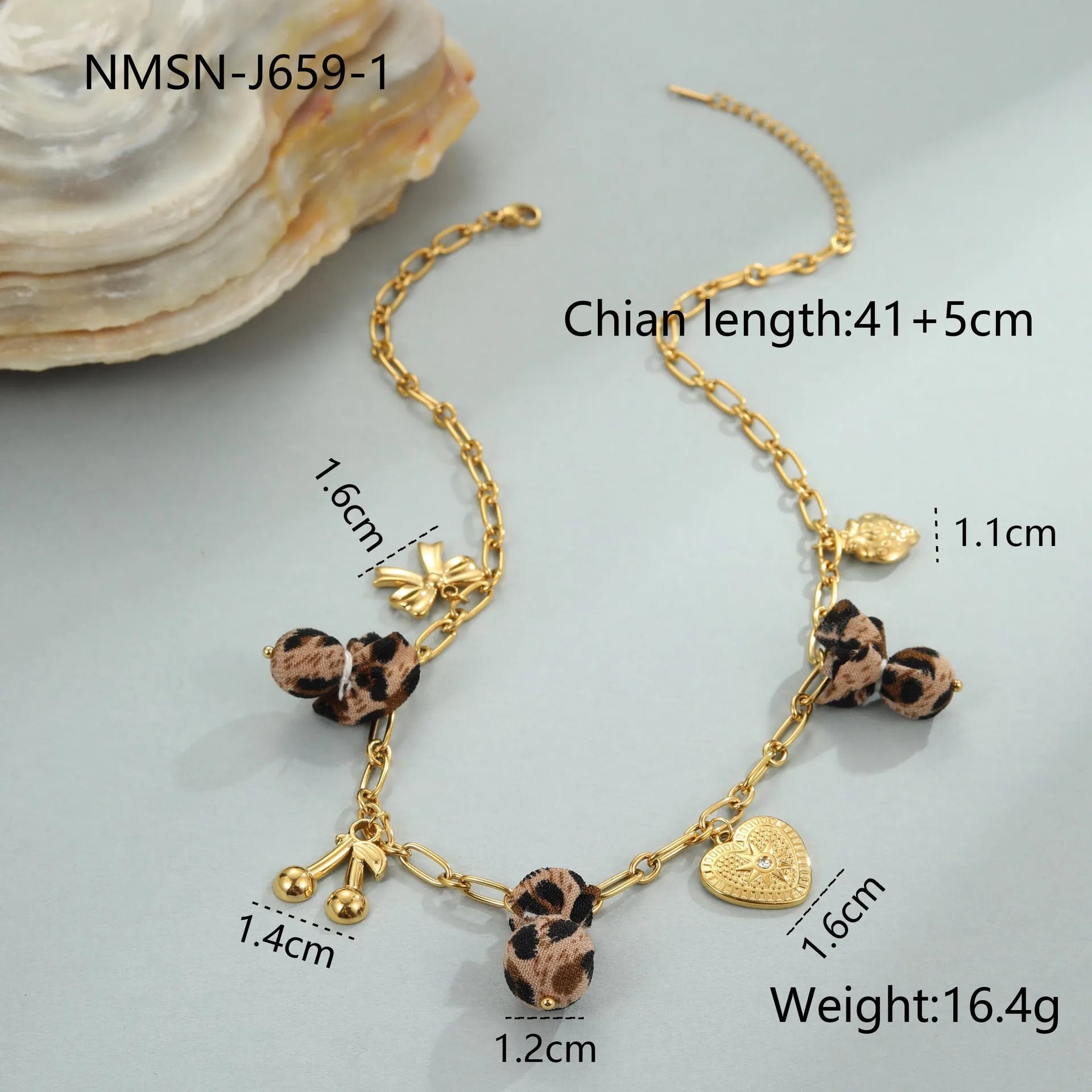 Gold plated stainless steel necklace with geometric leopard, love heart, and flowers pendant on a regular chain.