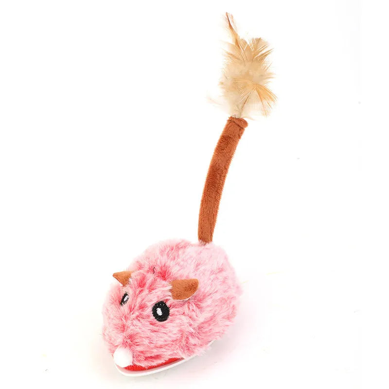 Self-playing electric cat toy with plush mouse on pole, available in pink, dark grey and purple colours