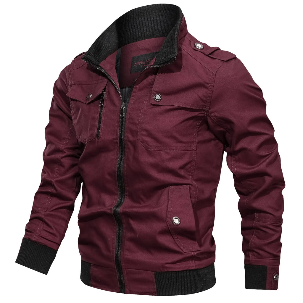 Cotton men's stand collar jacket in solid colour with side pockets available in multiple sizes