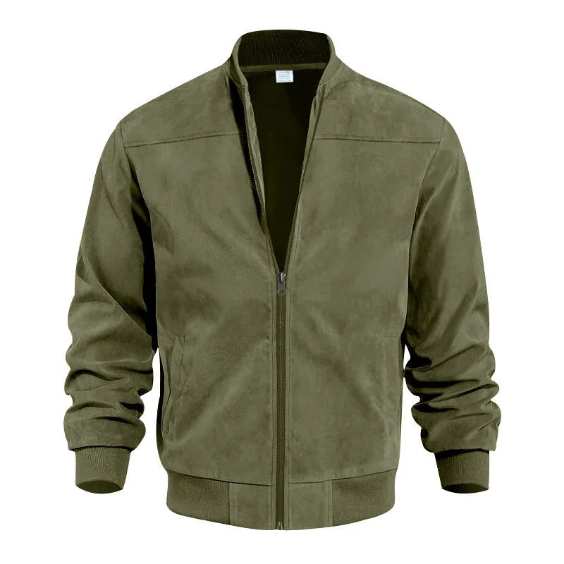Men's casual retro long sleeve cardigan jacket in army green colour made from suede fabric with round hem