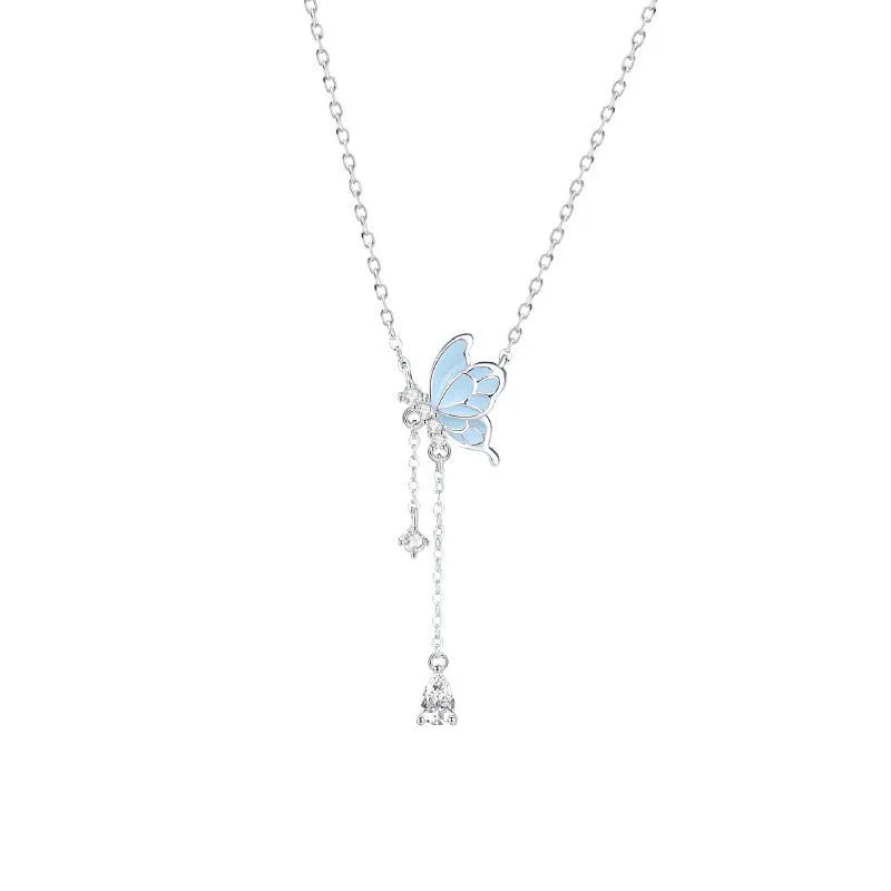 Sterling silver S925 butterfly tassel necklace with noctilucent luminous pendant and adjustable O-ring chain on white background