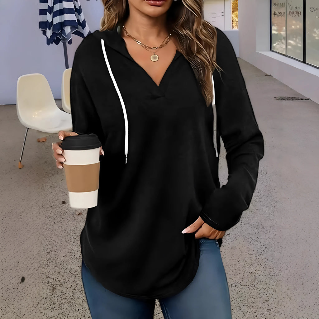 Women's red V-neck polyester hoodie with long sleeves, loose fit