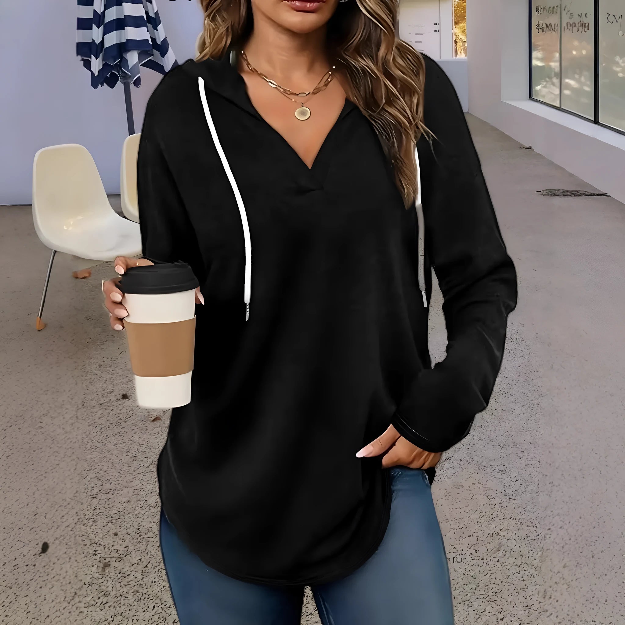 Women's red V-neck polyester hoodie with long sleeves, loose fit