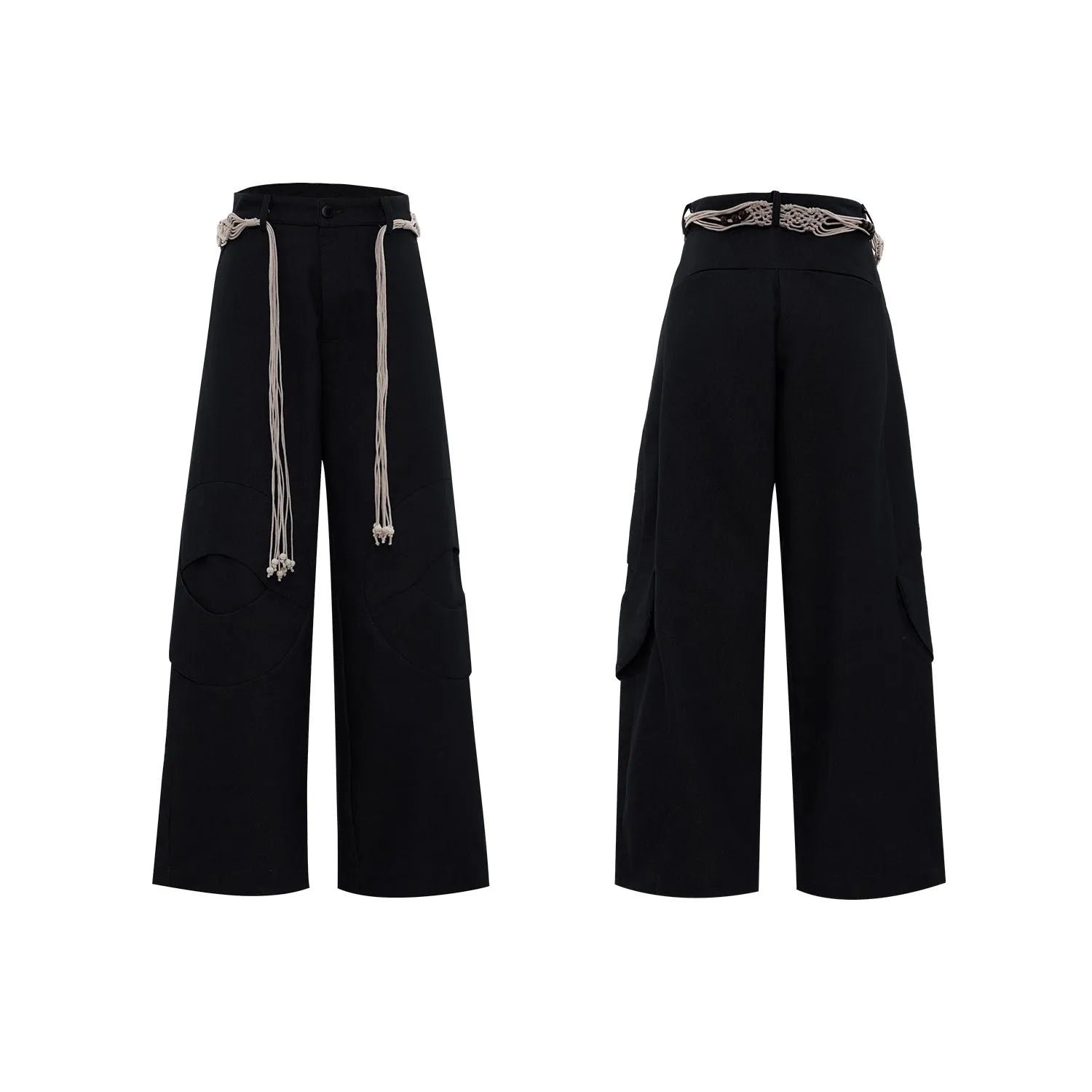 Men's dark wash straight-leg jeans with 3D cutting, zip decorations, and tassel details