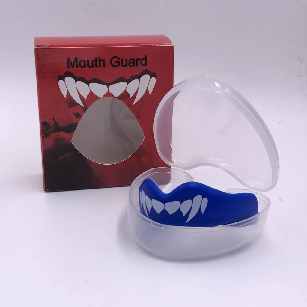 Adult boxing mouthguard with tooth socket design in black and white printed teeth pattern