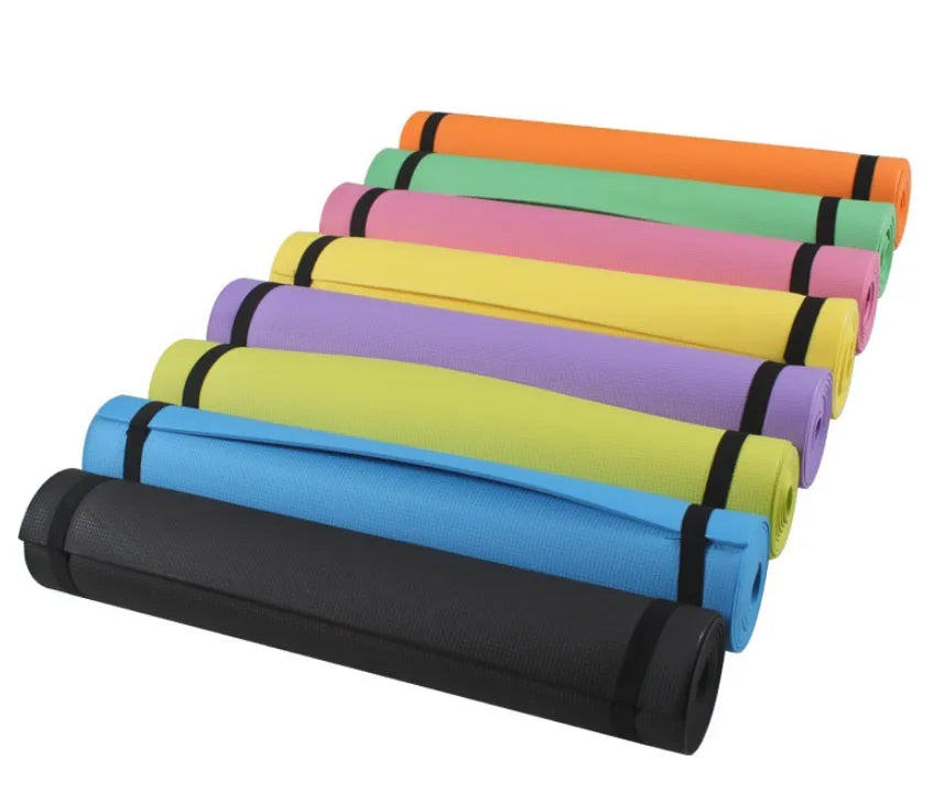 EVA yoga mat in blue showing thickness options of 4mm and 6mm with non-slip texture