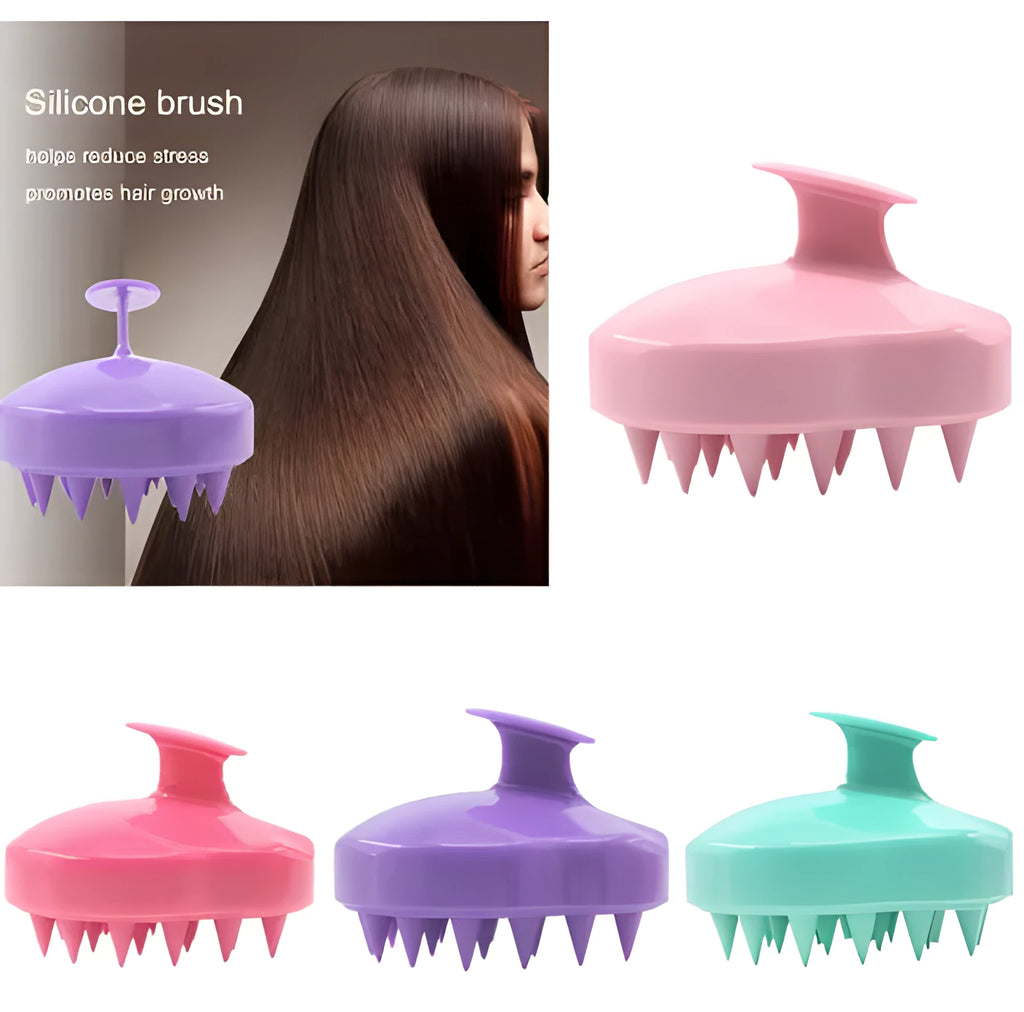 Silicone scalp massage brush with soft bristles, 9.5cm by 8cm by 7.3cm, in green