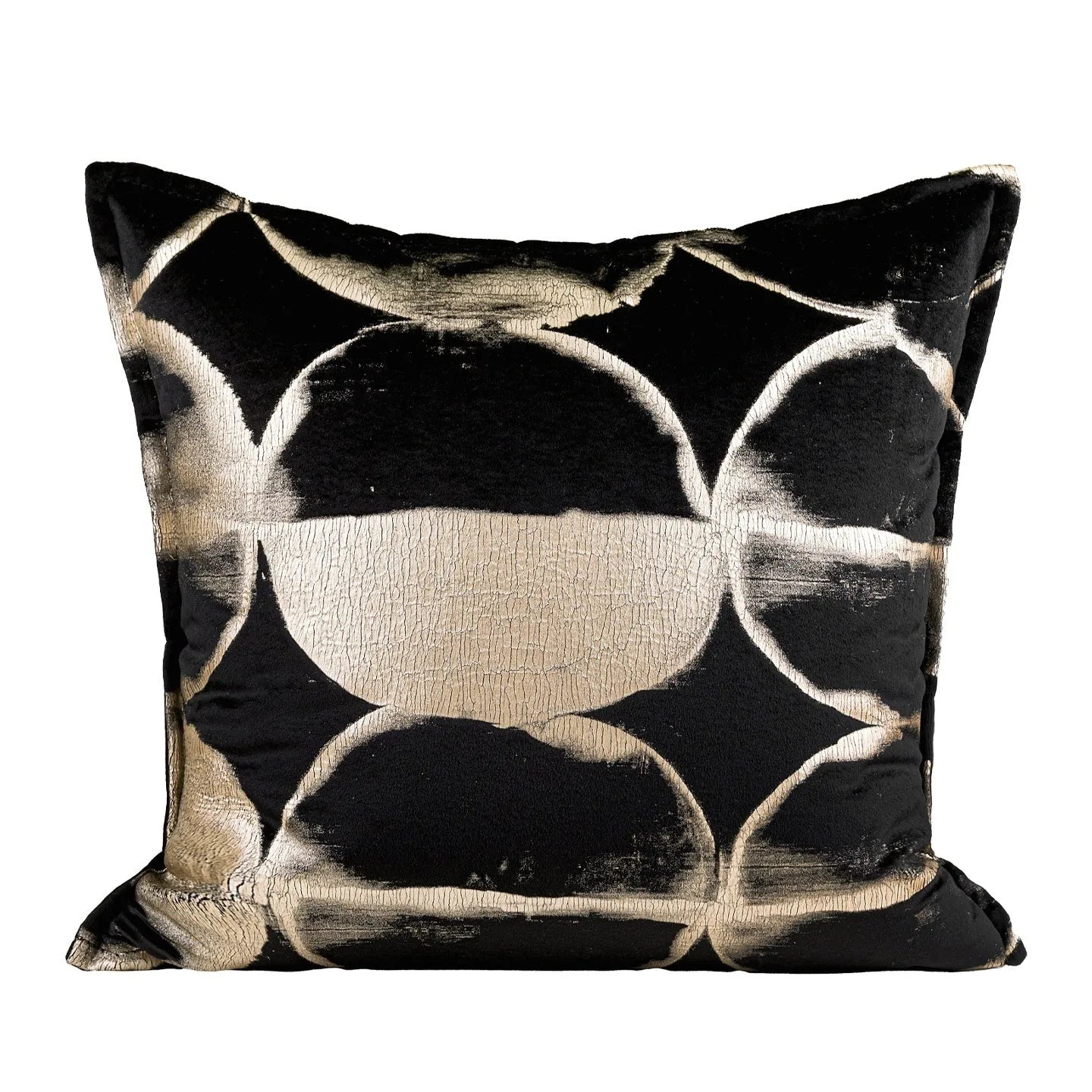 Black gold abstract pattern flannel cushion pillow in square and rectangular sizes on a sofa.