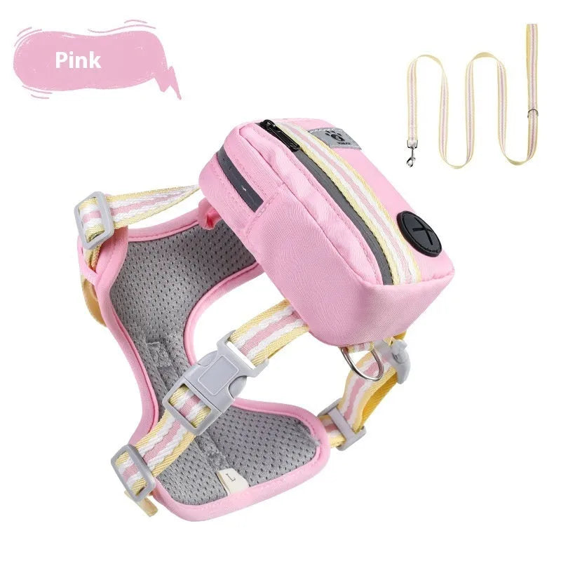 Colour options for an Oxford cloth anti-strangulation dog harness with a 1.5 metre lead attached.