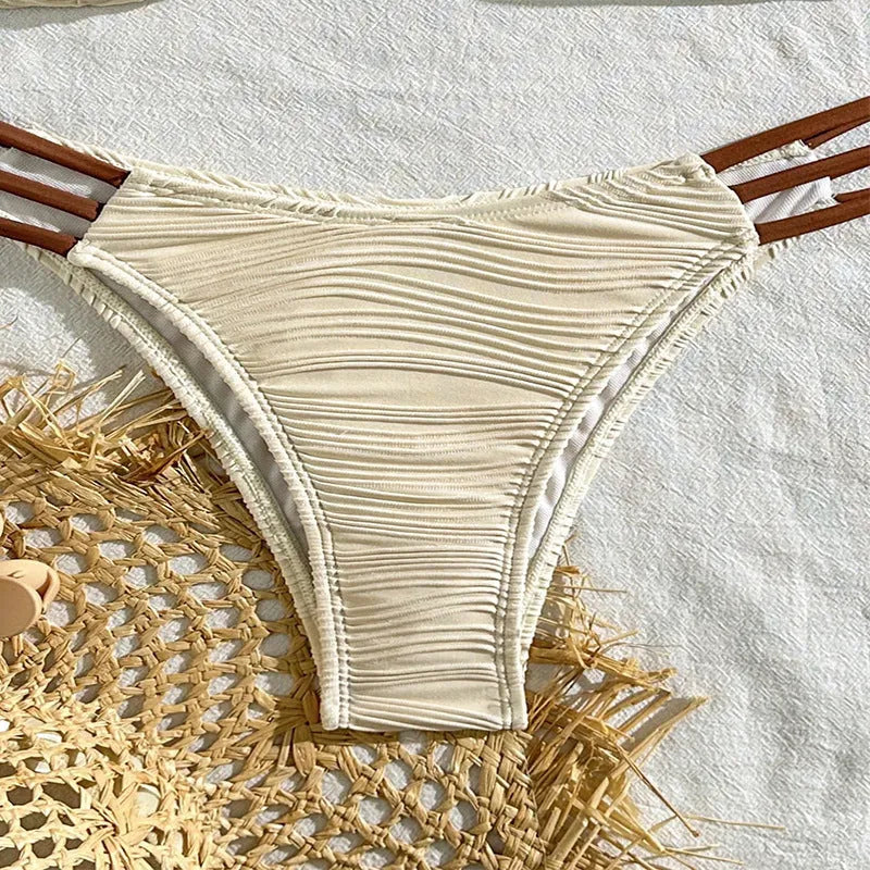 Women's fashion striped three-point polyester bikini set in khaki for beach and hot spring use