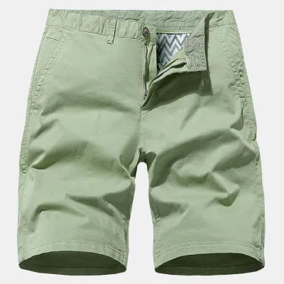 Man wearing blue denim casual shorts with no belt, straight leg, and loose workwear fit