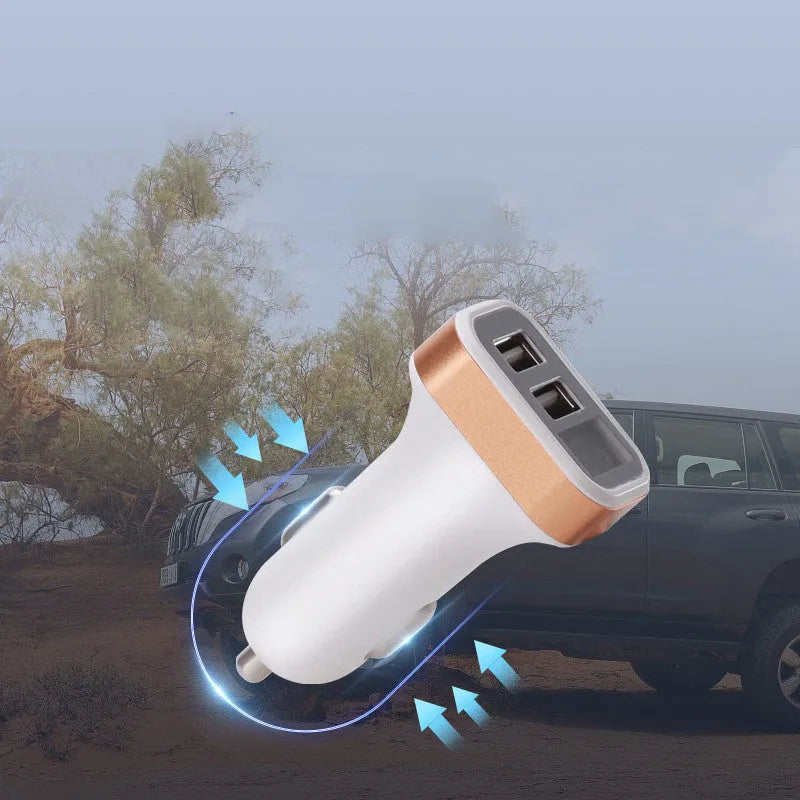 Mini digital display car charger with USB port in gold colour showing voltage readout