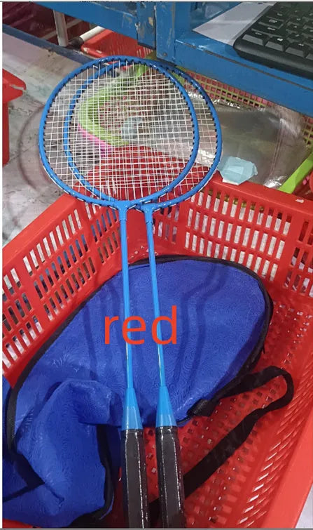 Blue and red ultra-light alloy split badminton rackets shown as a full pair.