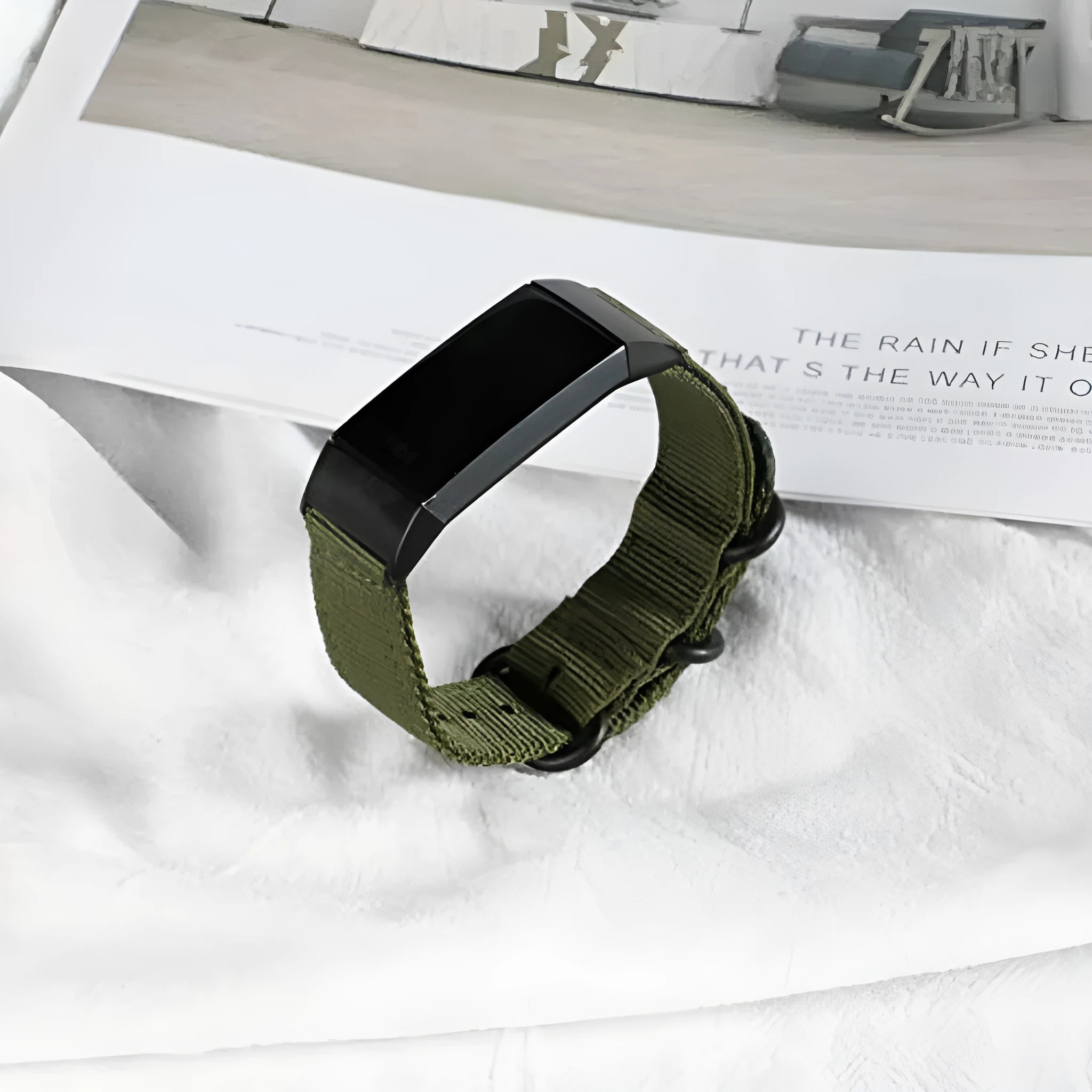 Nylon replacement watch strap with three-ring buckle for Fitbit Charge 2, 3, 4, and 5 fitness trackers.