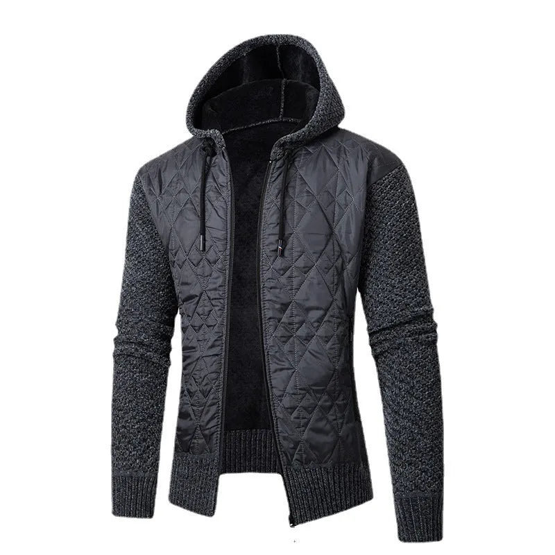 A grey men's hooded cardigan coat in wool and corduroy fabric with a cinched waist.