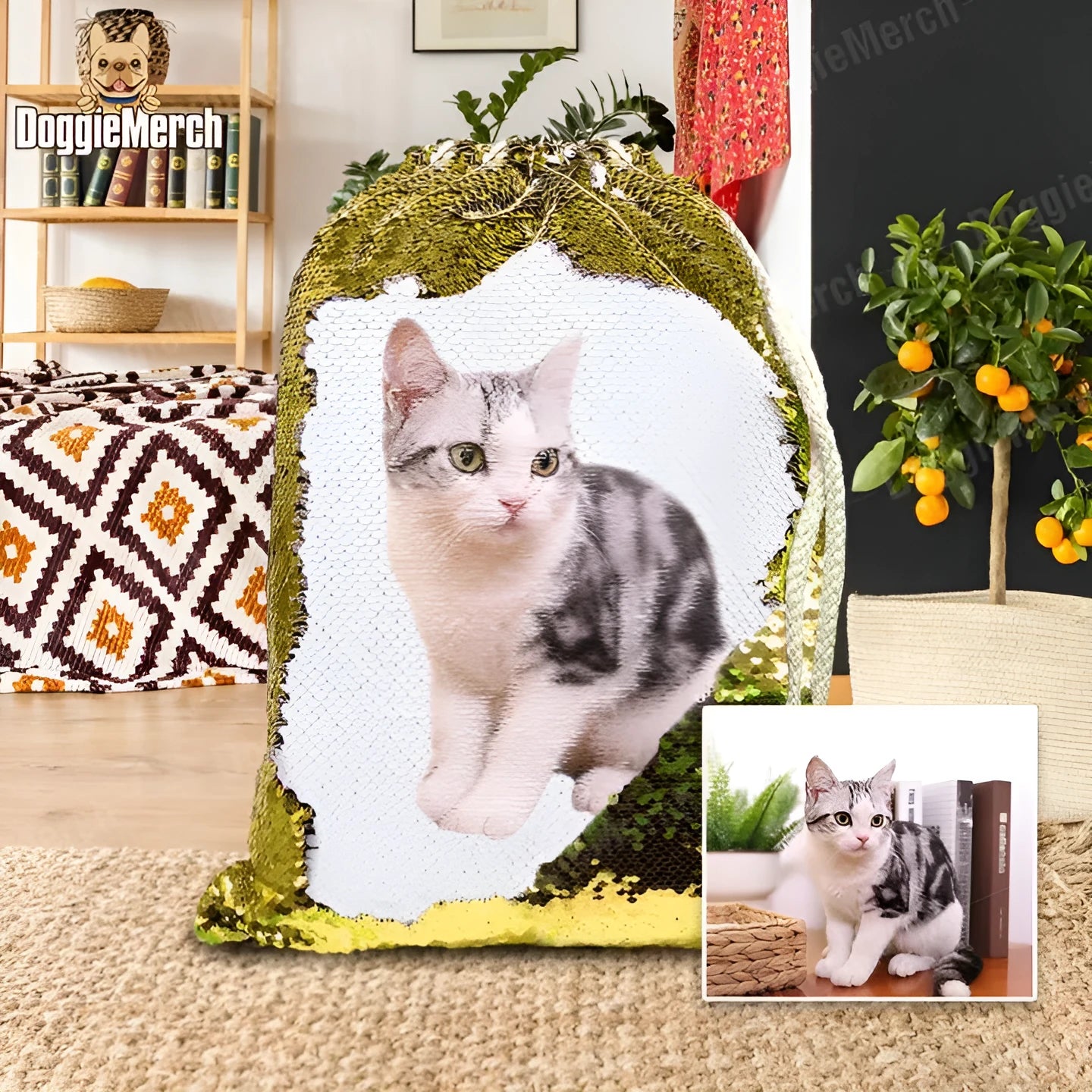 Personalised pet photo backpack with purple sequins and custom dog photograph, drawstring closure